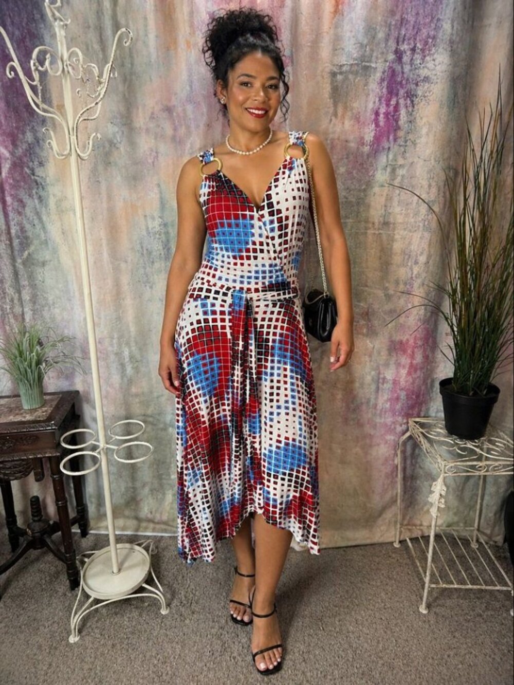 📌Forwear New York High Low Faux Wrap Bold Red/Blue/Black/White Print Dress